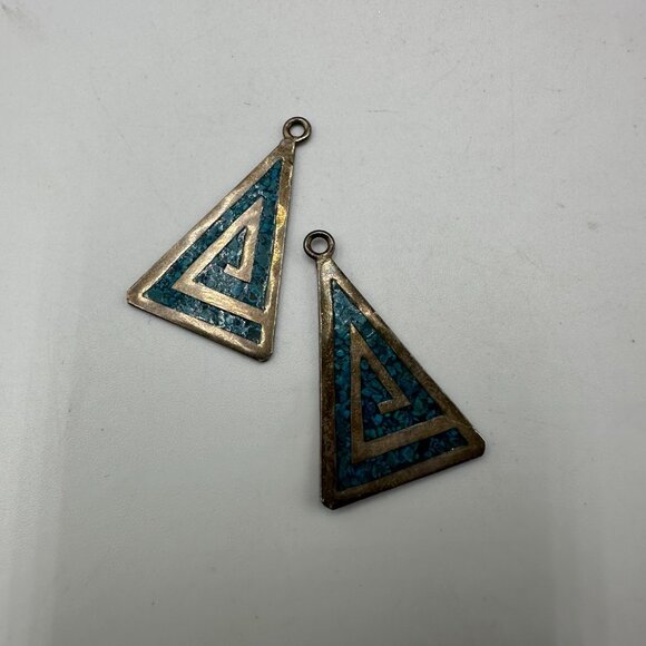 Vintage Taxco Mexico Pendants 925 Sterling Silver Turquoise Inlay Triangle - Picture 4 of 8